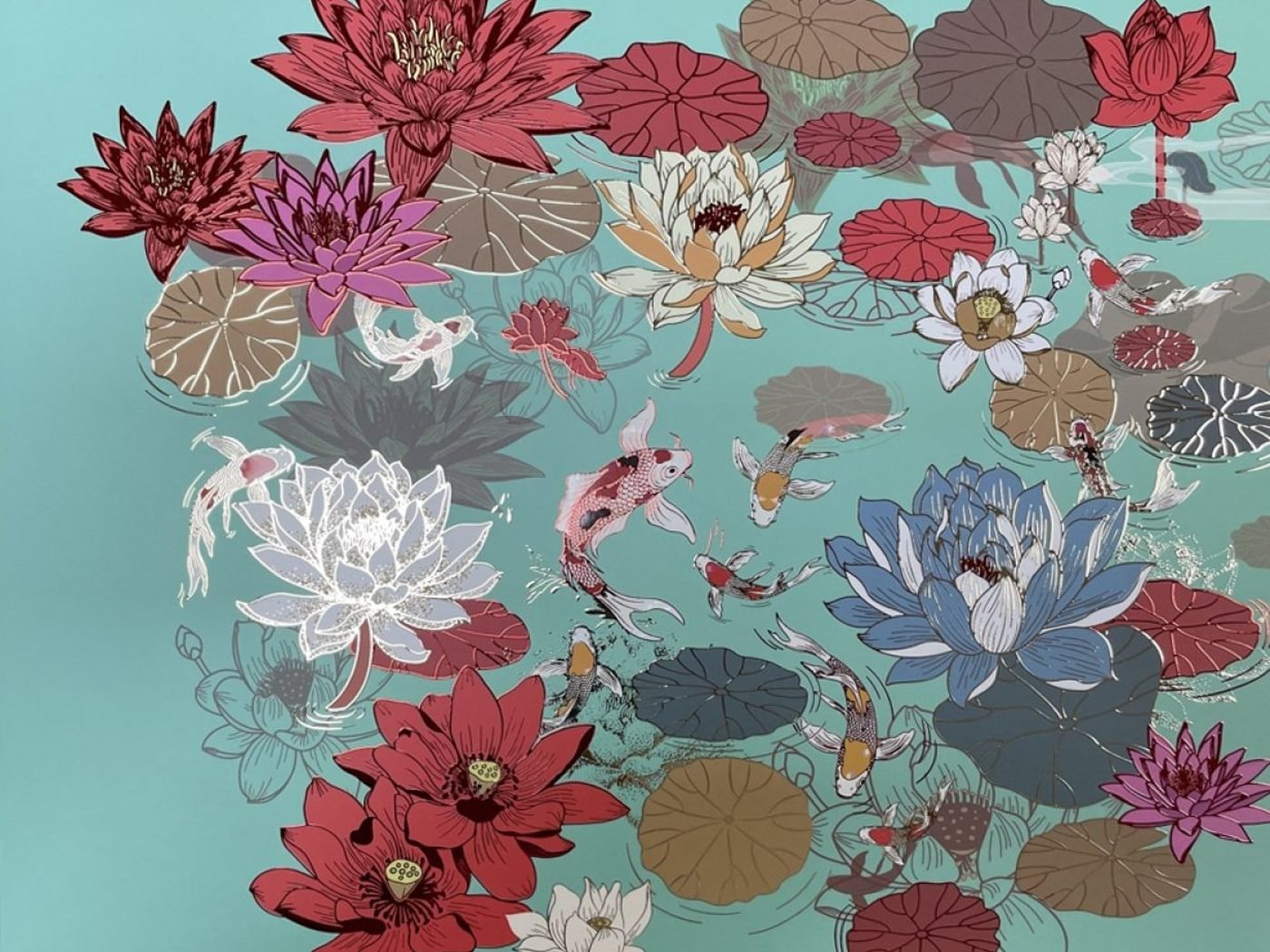 Lotus and koi cold-foil sample